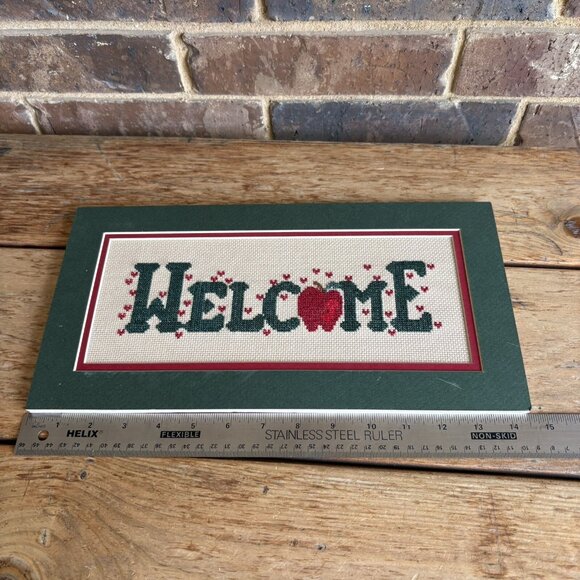 Completed Cross Stitch Welcome With Apple Double Matted No Frame READ - Picture 11 of 14